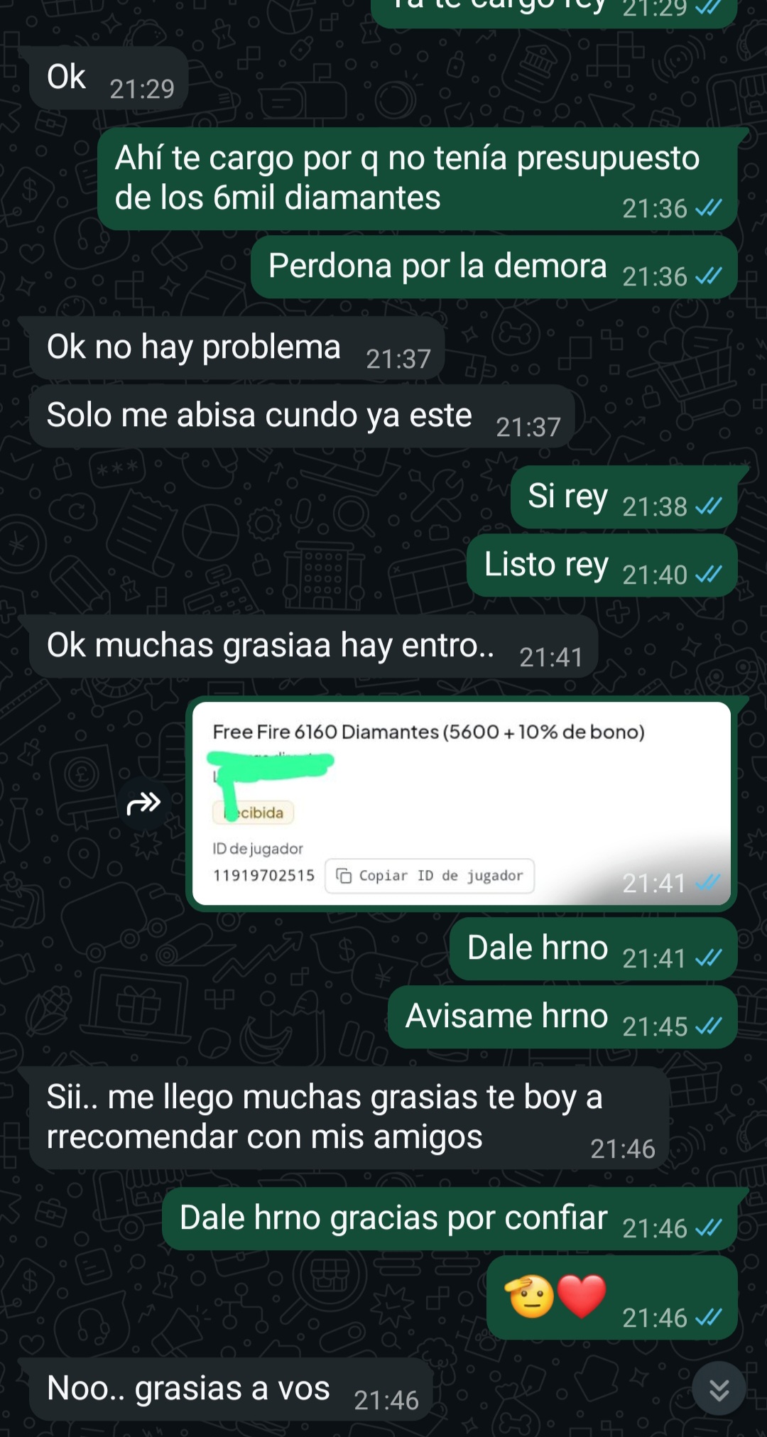 Captura de compra de 6.160 diamantes