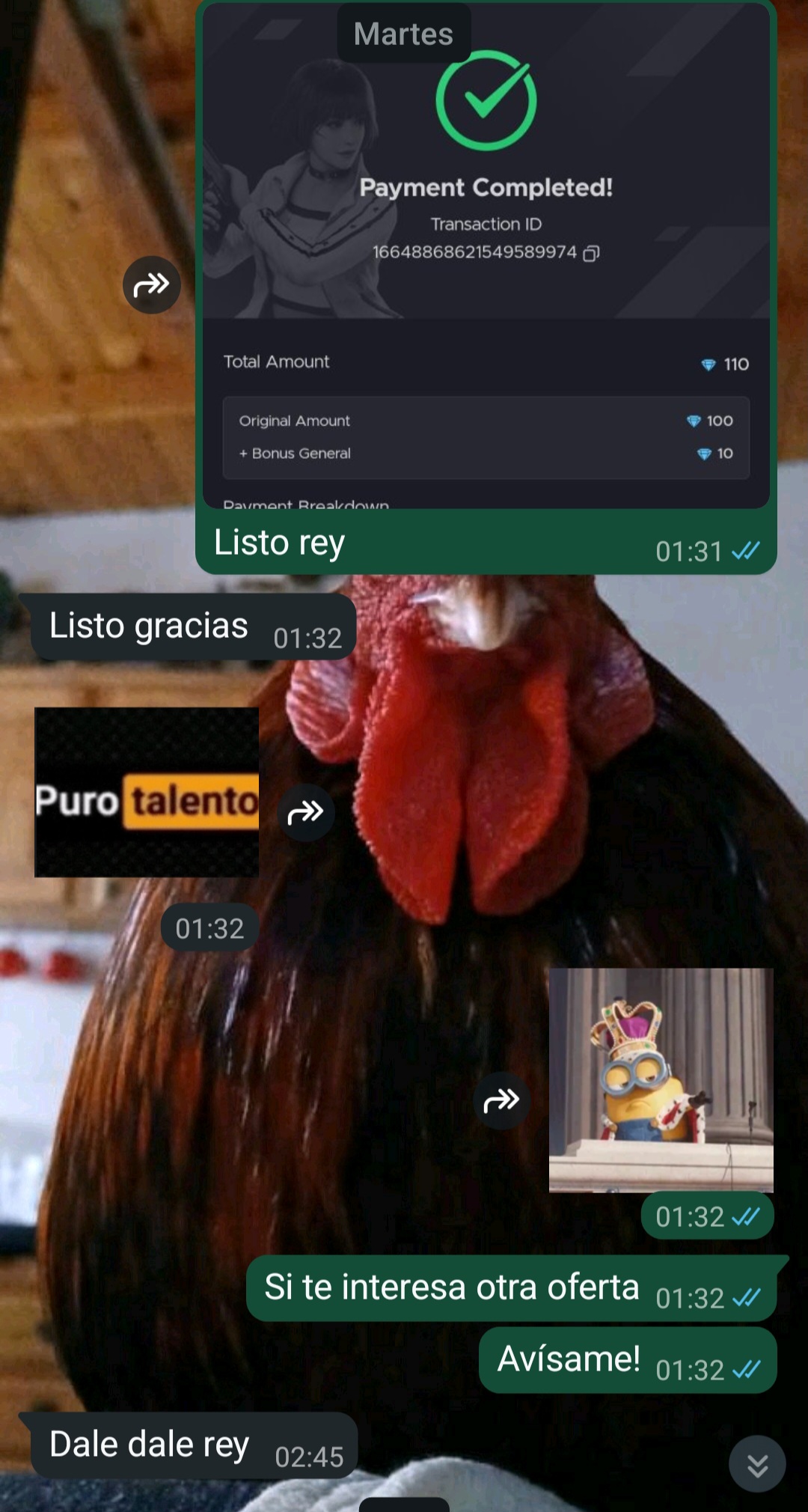 Captura de compra de 110 diamantes