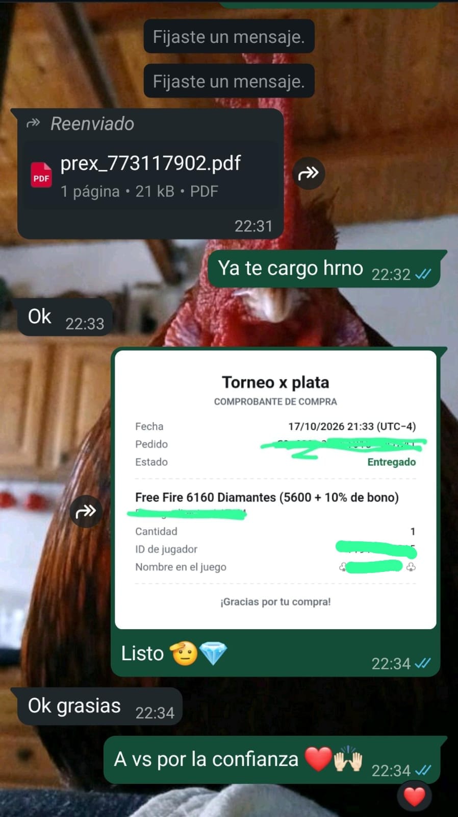 Captura de compra de 6.160 diamantes