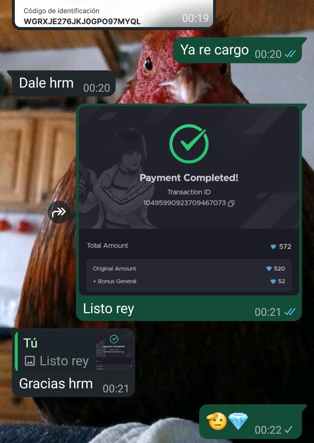 Captura de compra de 572 diamantes