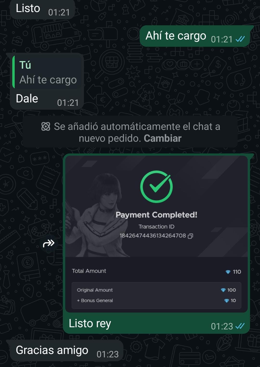 Captura de compra de 110 diamantes