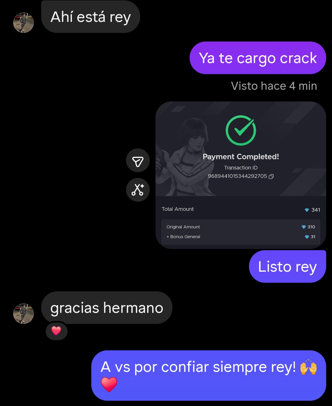 Captura de compra de 341 diamantes