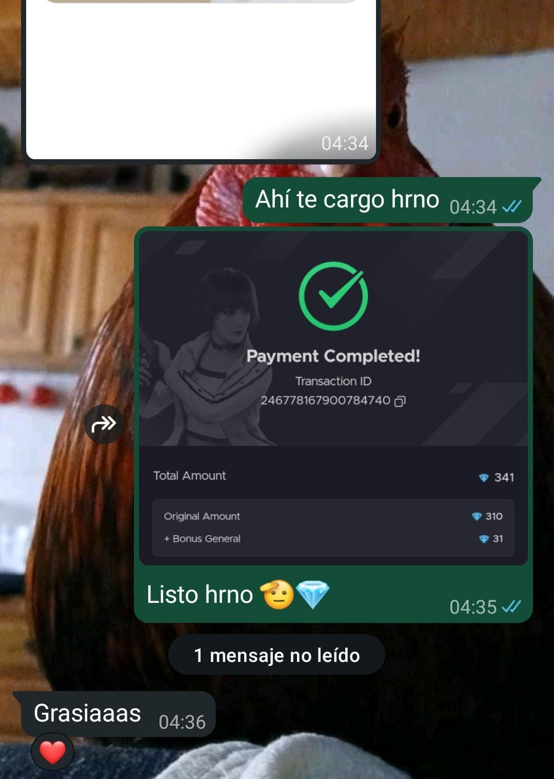 Captura de compra de 341 diamantes