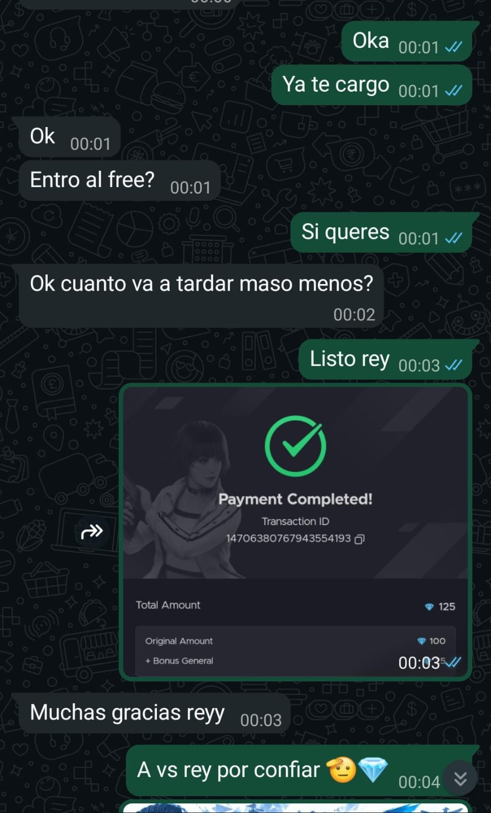 Captura de compra de 110 diamantes