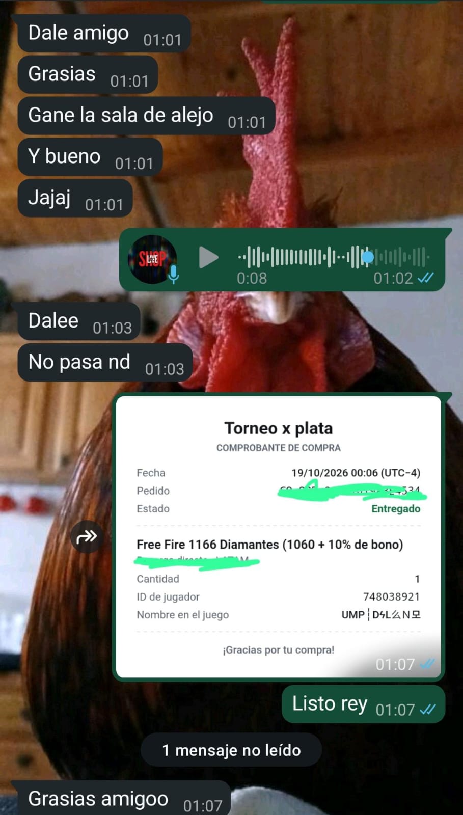 Captura de compra de 1.166 diamantes