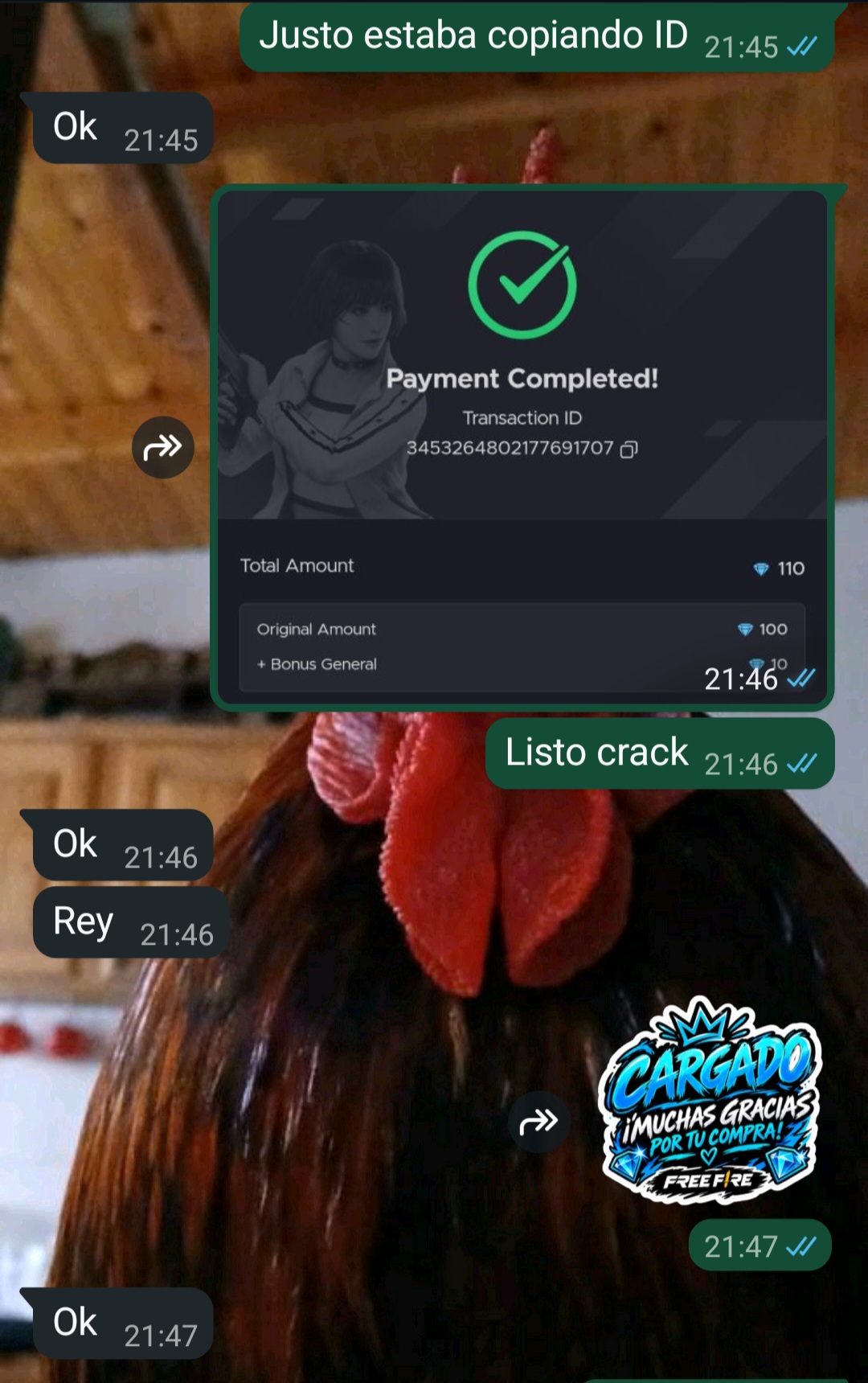 Captura de compra de 110 diamantes