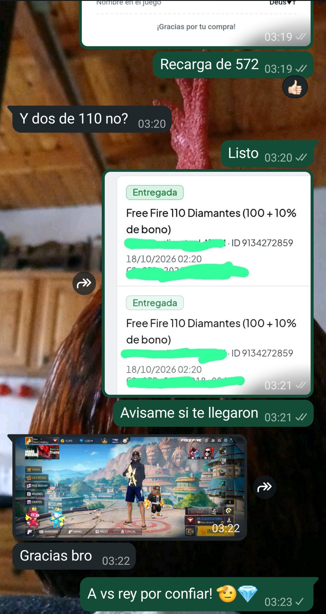 Captura de compra de 110 diamantes