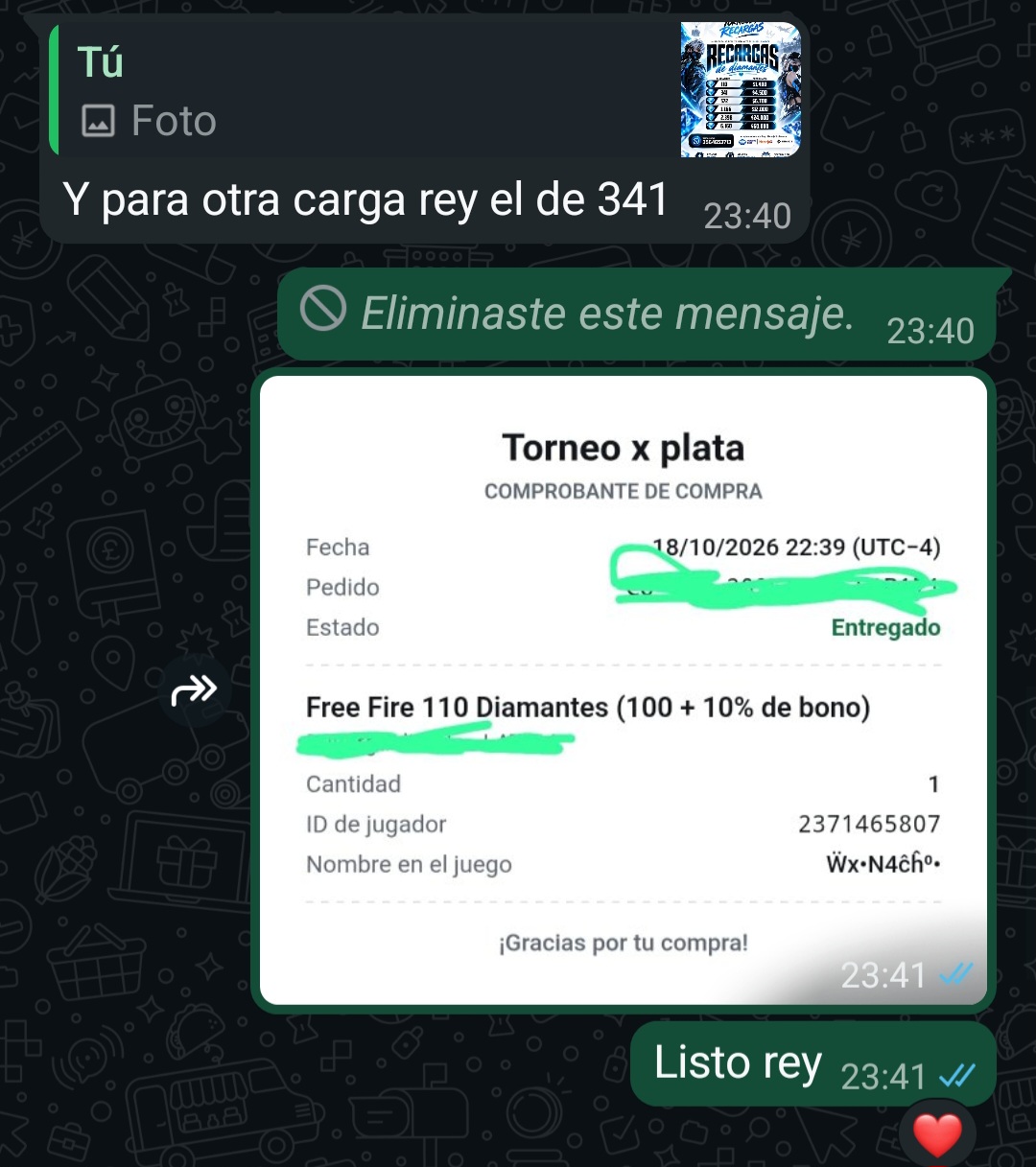 Captura de compra de 110 diamantes