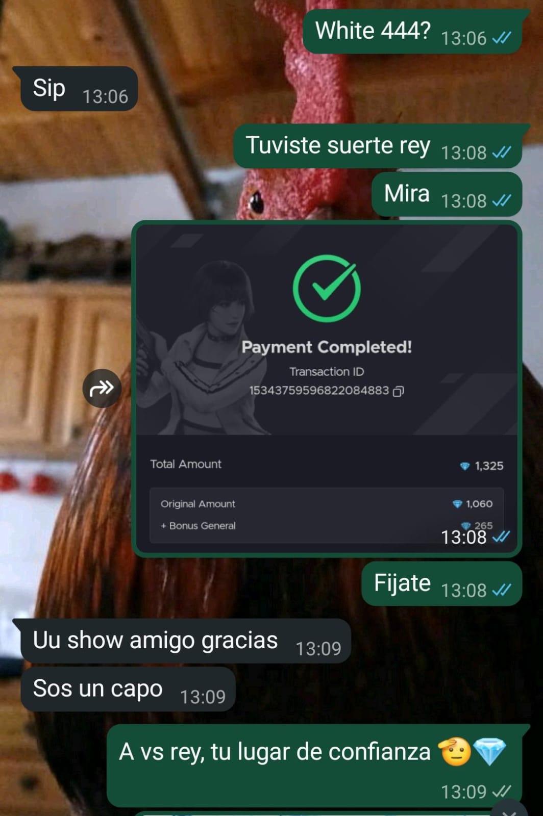 Captura de compra de 1.166 diamantes