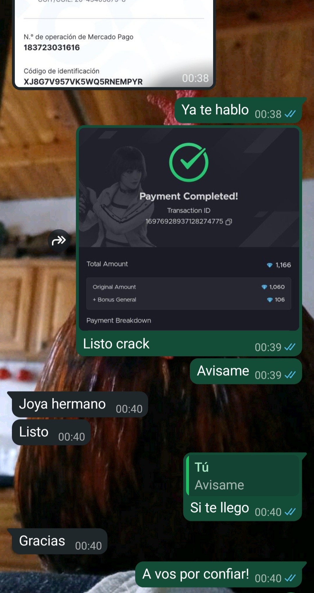 Captura de compra de 1.166 diamantes