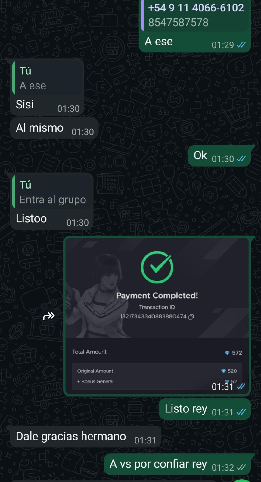 Captura de compra de 572 diamantes