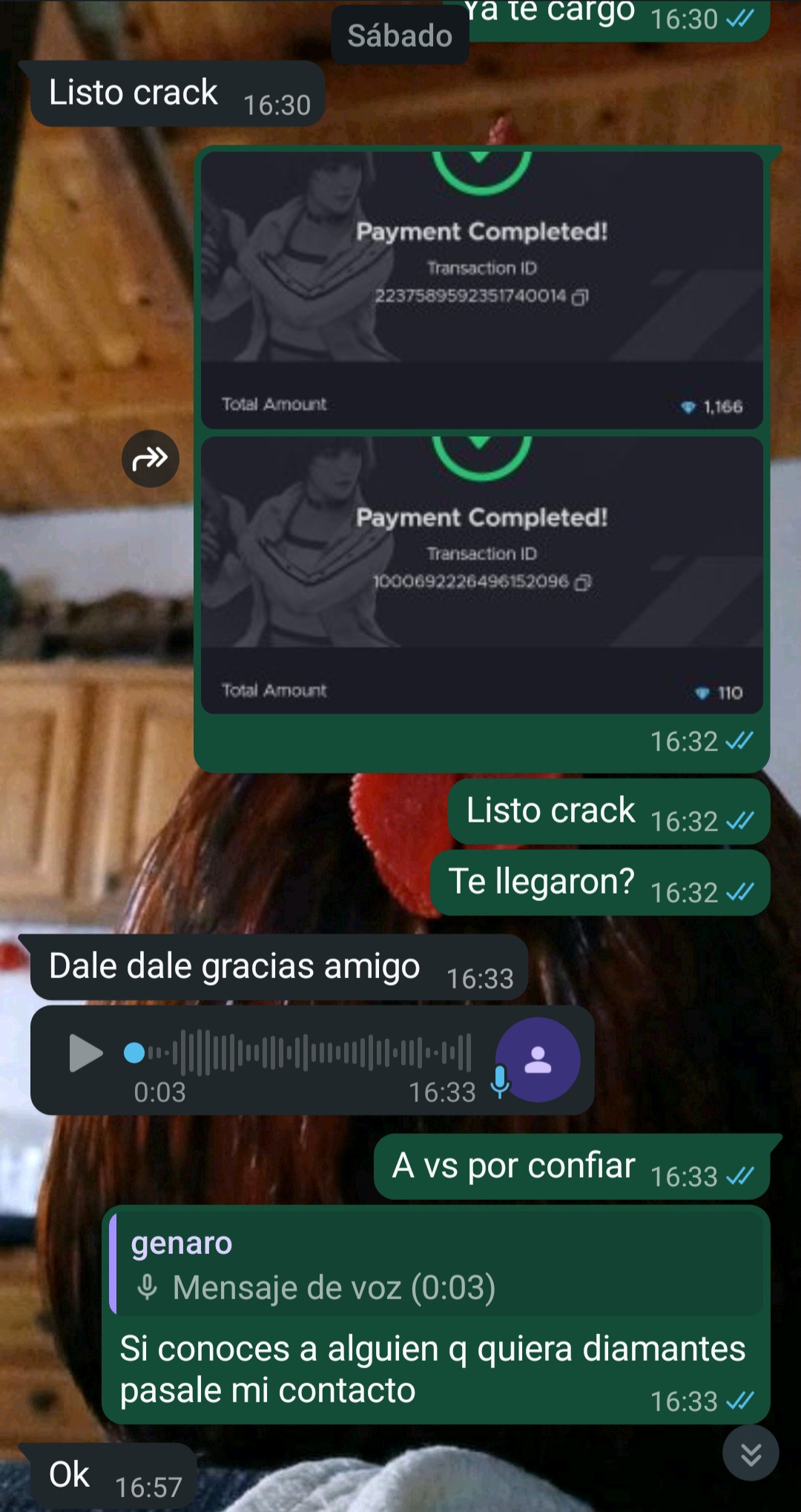Captura de compra de 1.166 diamantes