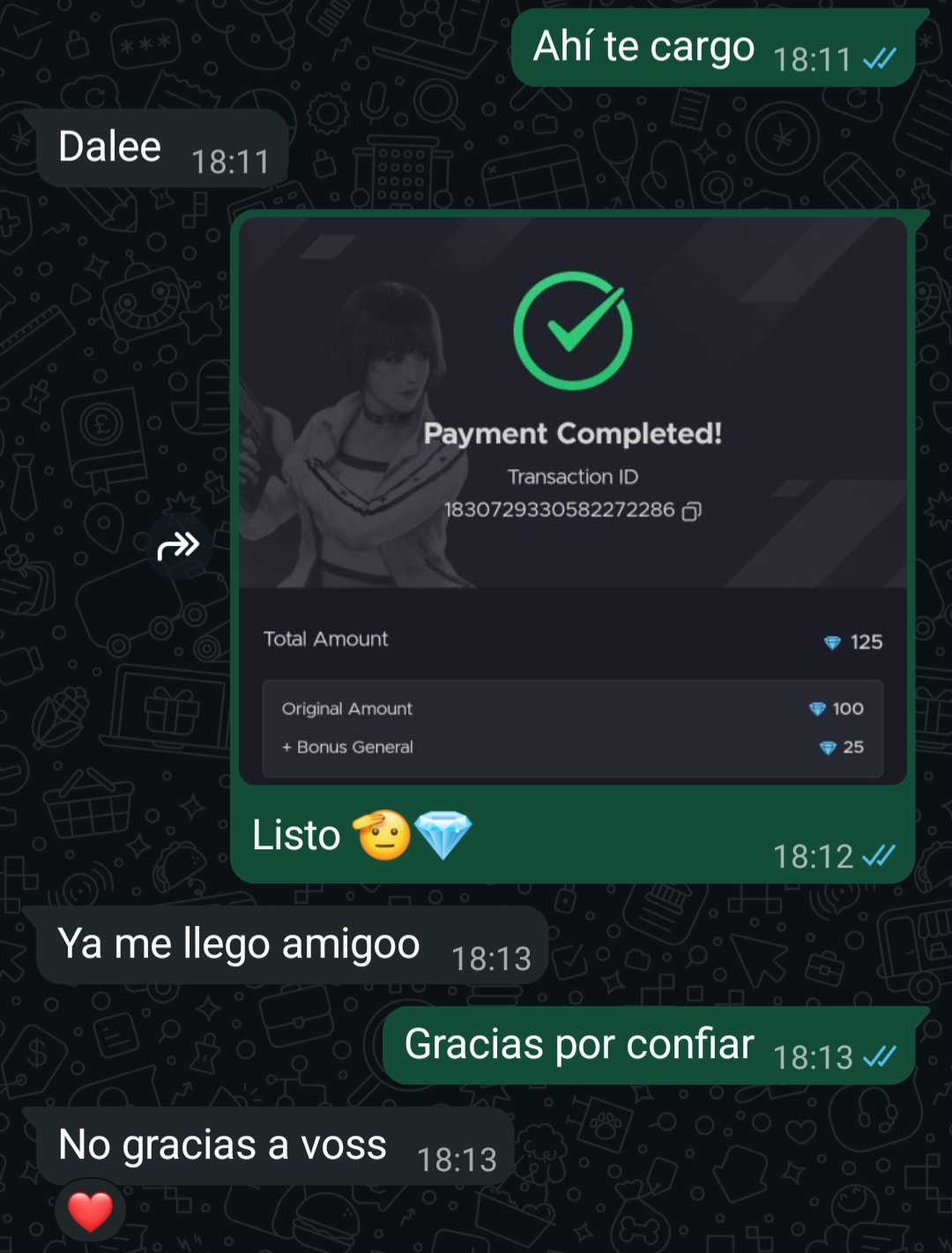Captura de compra de 110 diamantes