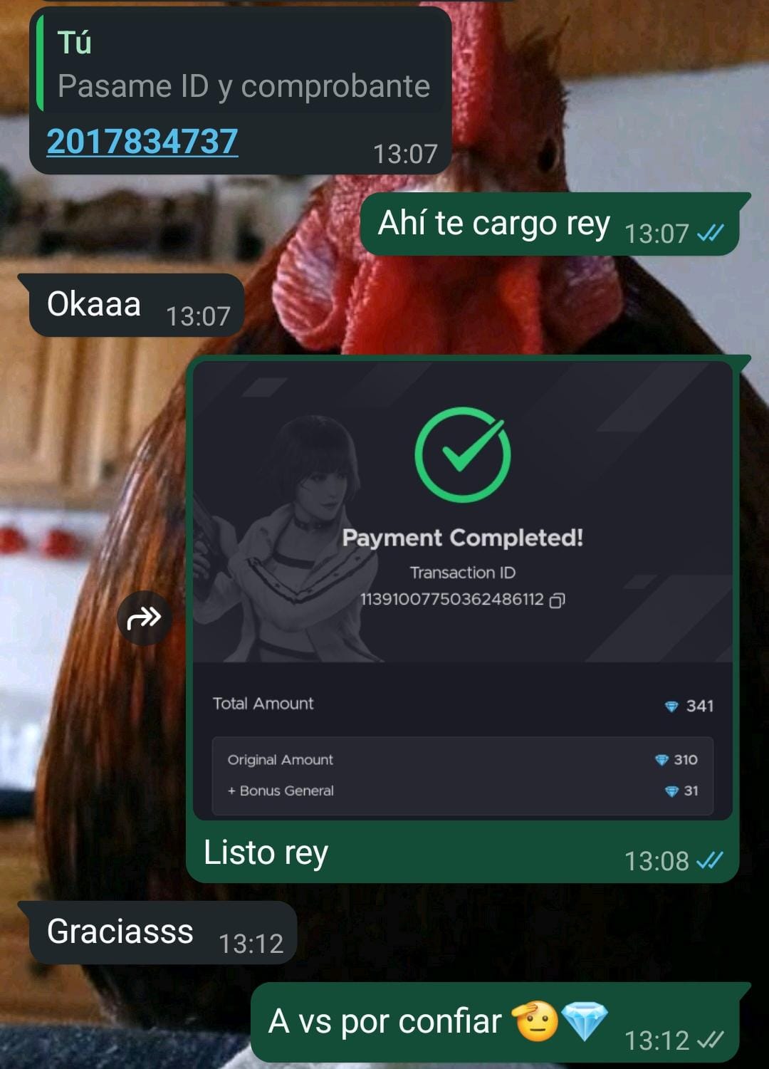 Captura de compra de 341 diamantes