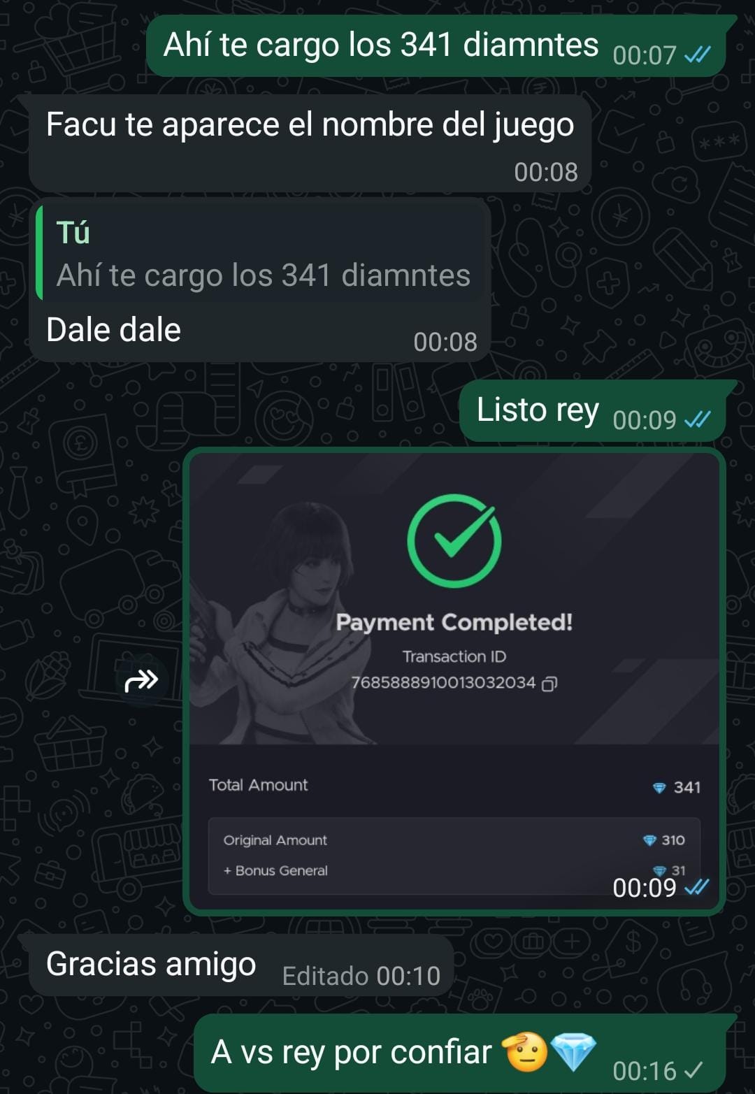 Captura de compra de 341 diamantes