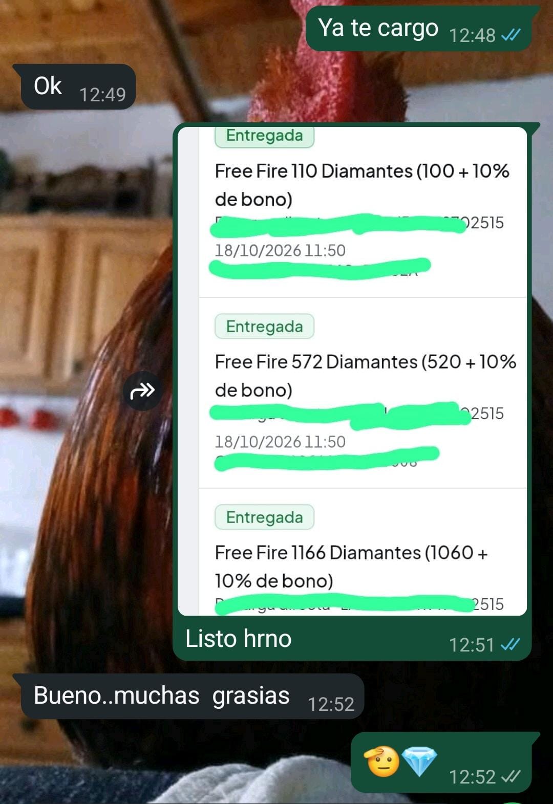 Captura de compra de 1.166 diamantes
