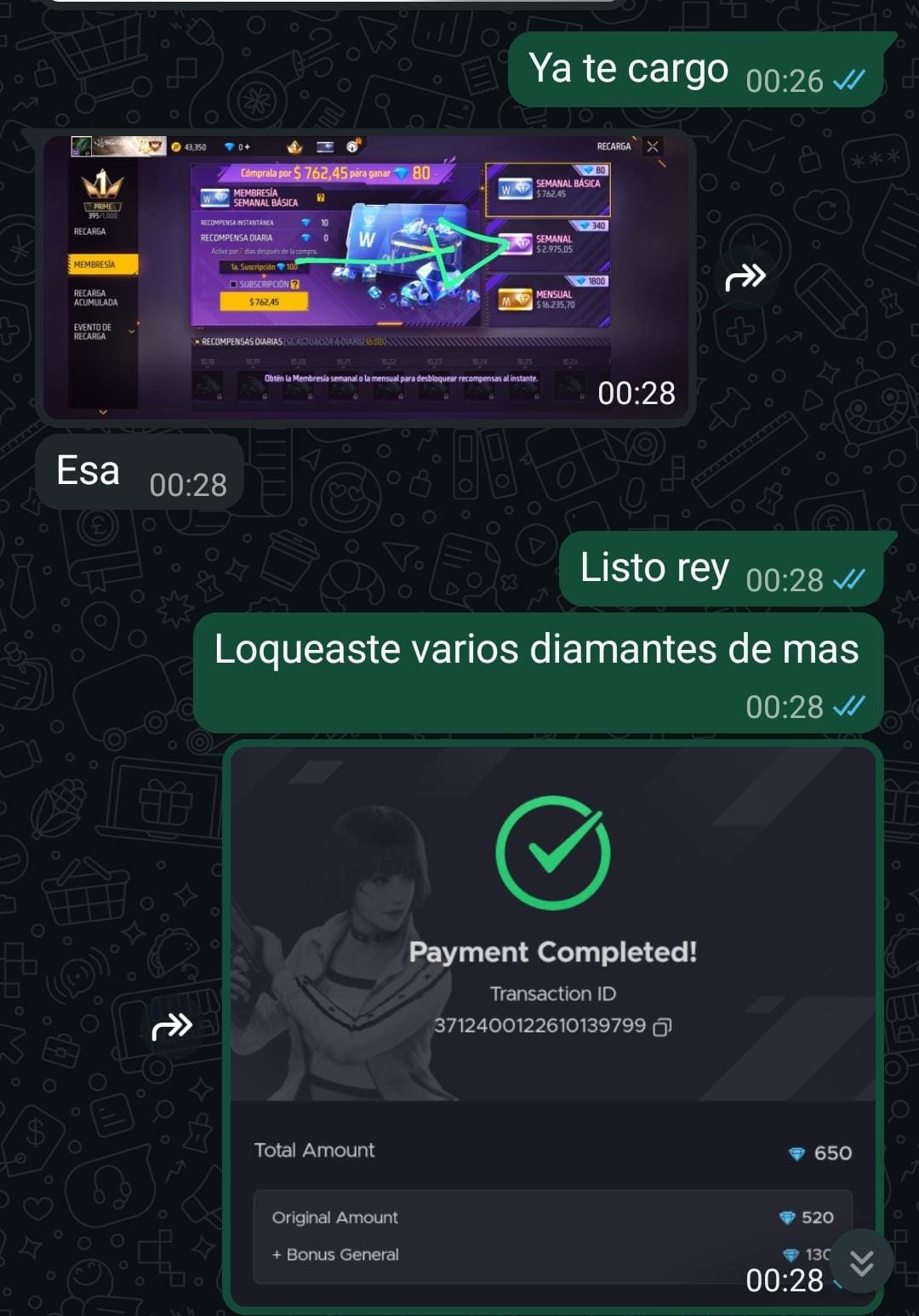 Captura de compra de 572 diamantes