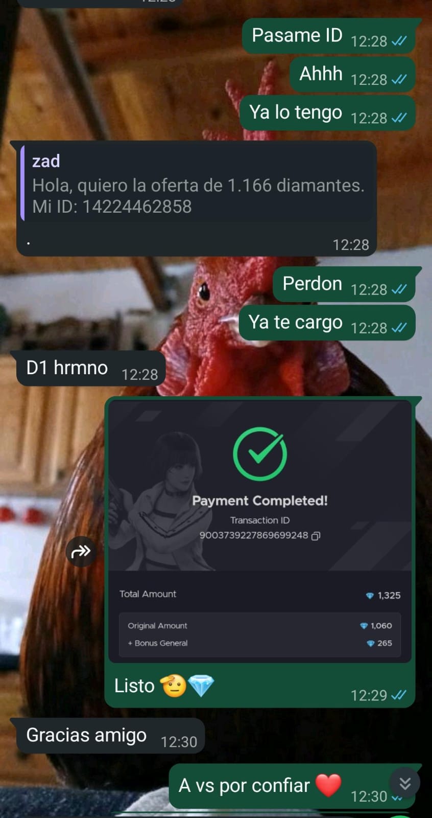 Captura de compra de 1.166 diamantes