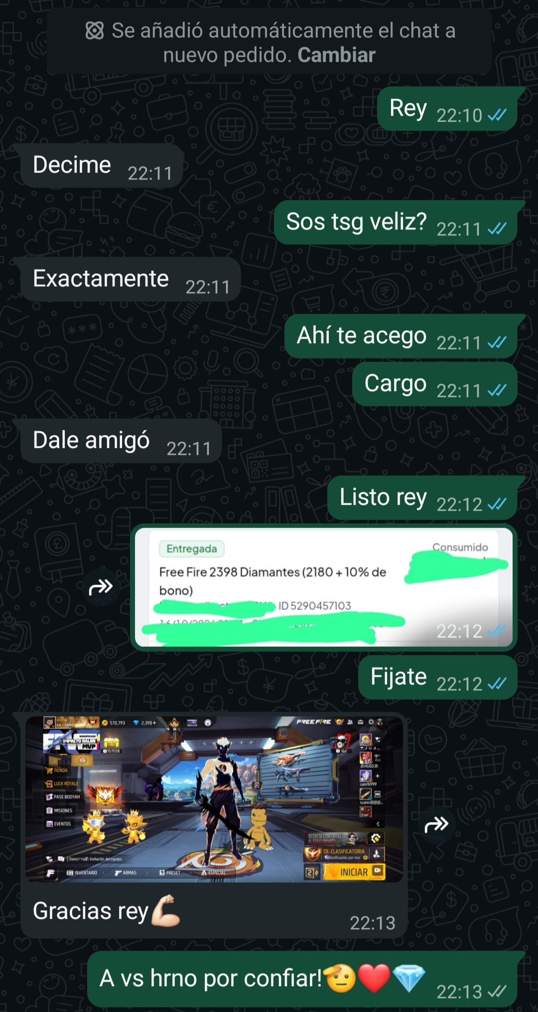 Captura de compra de 2.398 diamantes
