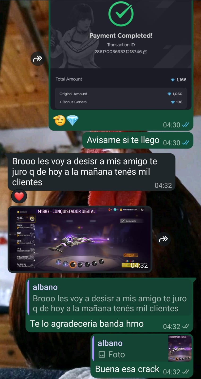 Captura de compra de 1.166 diamantes